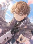  2boys absurdres black-framed_eyewear black_gloves blue_sky brown_eyes brown_hair coat commentary_request falling_petals glasses gloves grey_coat grey_scarf grin hand_on_own_chest highres honkai:_star_rail honkai_(series) lapels long_sleeves looking_at_viewer male_focus multicolored_hair multiple_boys notched_lapels petals reaching reaching_towards_viewer rectangular_eyewear scarf short_hair single_glove single_hair_intake sky smile solo_focus sp_shm0120 streaked_hair striped_clothes striped_scarf upper_body welt_joyce welt_yang white_streaks 
