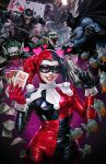  1girl 4boys armor bat_(animal) bat_mask batman batman_(series) batman_symbol belt black_cape bodysuit cape card comic_cover cover cover_page cowl dc_comics derrick_chew domino_mask evil_grin evil_smile eye_mask fish grin gun handgun harley_quinn harley_quinn_(classic) hat highres holding holding_gun holding_weapon jester_cap jester_costume joker_(dc) looking_at_viewer mask multicolored_bodysuit multiple_boys paper playing_card print_bodysuit smile superhero_costume textless_cover_page textless_version utility_belt weapon 