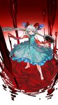  1girl barefoot blood blue_dress breasts commentary_request detached_sleeves dress earrings frilled_dress frills full_body grey_hair grin highres holding holding_spork hoop_earrings horn_ornament horn_ribbon horns jewelry kori_morri looking_at_viewer meandros oversized_object patterned_clothing petroleum pointy_ears red_eyes red_horns red_nails red_sleeves ribbon sharp_teeth sheep_horns small_breasts smile solo spork teeth toes touhou toutetsu_yuuma utensil 