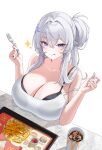  1girl :q absurdres bare_shoulders black_bra blue_eyes blue_nails bra bra_peek bra_strap breast_rest breasts breasts_on_table cleavage closed_mouth collarbone commentary_request crossed_bangs cup disposable_cup drink food fork french_fries hair_between_eyes hair_intakes hair_ornament hands_up highres holding holding_fork ice ice_cube indie_virtual_youtuber isha_(vtuber) ketchup korean_commentary large_breasts licking_lips long_hair looking_at_viewer mcdonald's mole mole_on_breast mole_under_mouth nail_polish shirt sidelocks simple_background sleeveless smile soda solo sparkle strap_slip table tank_top tongue tongue_out tray twootax underwear very_long_hair virtual_youtuber white_background white_hair white_tank_top 