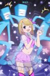  1girl 3boys 88_(einnimnech) :d ;d annoyed blonde_hair boots dancer hand_on_own_knee highres hitting holding holding_microphone idol idol_rena looking_at_viewer microphone midriff motion_blur multiple_boys non-web_source one_eye_closed pink_boots pink_shirt pink_shorts rhythm_tengoku rhythm_tengoku_miracle_stars see-through_clothes see-through_skirt shirt short_hair short_sleeves shorts singing skirt smile source_request space_dancers star_(sky) star_(symbol) star_ornament starry_sky_background surprised waving 