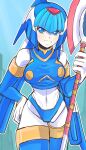  1girl armor blue_armor blue_eyes blue_helmet breasts fairy_leviathan_(mega_man) forehead_jewel gloves helmet highres holding holding_weapon long_hair looking_at_viewer mega_man_(series) mega_man_zero_(series) raica_(khongbautroi) robot_girl solo weapon 