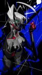  1girl abstract_background absurdres adhesive_bra ahoge bare_shoulders black_background blue_background blue_eyes braid breasts civilizedyapper collarbone commentary cowboy_shot cyberpunk:_edgerunners cyberpunk_(series) cyborg from_above hair_between_eyes hair_intakes hair_over_one_eye hand_under_clothes hand_under_shirt hand_up highres hood jumpsuit long_hair looking_at_viewer mask mechanical_arms medium_breasts midriff mouth_mask navel open_jumpsuit partially_colored revealing_clothes shirt single_braid skin_seams slit_pupils solo sparks string talia_yang very_long_hair 