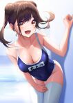  1girl :d absurdres arm_up bangs bare_arms bare_shoulders blue_swimsuit blush breasts brown_eyes brown_hair cleavage cowboy_shot double_bun hair_bun hand_on_own_thigh highres idolmaster idolmaster_shiny_colors large_breasts leaning_forward looking_at_viewer school_swimsuit sidelocks smile solo sonoda_chiyoko sora_(men0105) standing swimsuit thigh_gap thighhighs twintails white_thighhighs 