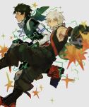  2boys bakugou_katsuki belt black_boots black_pants black_shirt blonde_hair boku_no_hero_academia boots closed_mouth commentary dutch_angle endnraa explosion explosive freckles gauntlets green_belt green_eyes green_shirt grenade highres hood hood_down knee_pads male_focus midoriya_izuku multiple_boys open_mouth outstretched_arms pants parted_bangs profile red_boots red_eyes shirt shoelaces short_hair sleeveless sleeveless_shirt sparkle superhero_costume very_short_hair white_background 
