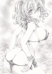  1girl ass bikini bikini_bottom_pull blush breasts covered_nipples flower graphite_(medium) greyscale kantai_collection kashima_(kancolle) long_hair looking_at_viewer looking_back mikuro monochrome sideboob solo swimsuit traditional_media water 