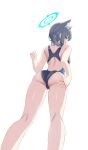  1girl absurdres animal_ears ass back blue_archive blue_eyes breasts cat_ears earrings from_behind from_below grey_hair halo highres jewelry looking_at_viewer one-piece_swimsuit shiroko_(blue_archive) simple_background solo swimsuit twintails white_background zi_se 