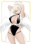  1girl absurdres armpits arms_behind_head black_one-piece_swimsuit blue_archive breasts cleavage commentary_request feathered_wings halo highres kagerou_rakugaki large_breasts long_hair low_wings nagisa_(blue_archive) nagisa_(swimsuit)_(blue_archive) official_alternate_hairstyle one-piece_swimsuit ponytail solo swimsuit tan tanlines white_background white_wings wings 