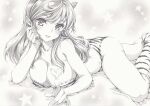  1girl animal_print bikini boots breasts cleavage graphite_(medium) horns legs long_hair looking_at_viewer lum lying mikuro monochrome on_stomach oni oni_horns solo strapless swimsuit thighs tiger_print traditional_media urusei_yatsura 