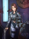  1girl absurdres against_wall arm_armor artist_name black_boots black_gloves blood blood_on_arm blood_on_wall blue_jacket blursquid bomb boots brown_hair collarbone collared_jacket commentary drone elbow_pads english_commentary explosive fingerless_gloves fingernails foot_out_of_frame gloves grey_pants gun hand_up helmet highres holding holding_gun holding_weapon ion_fury jacket knee_pads leg_armor long_sleeves looking_at_viewer medium_hair nose pants parted_lips revolver shelly_harrison signature smile smoke smoke_trail solo teeth thigh_armor trash_can unworn_headwear unworn_helmet upper_teeth_only vambraces wall_lamp weapon 