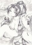  1girl breasts cleavage covered_nipples folding_fan graphite_(medium) hand_fan japanese_clothes legs long_hair looking_at_viewer mikuro monochrome ponytail revealing_clothes shiranui_mai smile solo squatting the_king_of_fighters traditional_media 