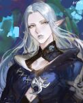  1girl artist_name blue_background blue_jacket brooch collarbone elezen elf expressionless final_fantasy final_fantasy_xiv frischenq grey_eyes grey_hair grey_lips jacket jewelry long_hair looking_at_viewer pointy_ears portrait signature sketch solo straight_hair ysayle_dangoulain 