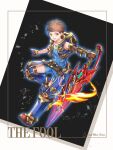  1boy aegis_sword_(xenoblade) black_background blue_bodysuit blue_helmet bodysuit brown_hair full_body helmet highres holding holding_sword holding_weapon male_focus rex_(xenoblade) short_hair solo sword tarot the_fool_(tarot) ui_frara unworn_headwear unworn_helmet weapon white_background xenoblade_chronicles_(series) xenoblade_chronicles_2 yellow_eyes 