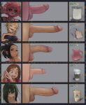  5girls :p absurdres ashido_mina asui_tsuyu beaker black_choker black_eyes black_hair black_nails black_sclera blonde_hair blood blood_bag blunt_bangs blush blush_stickers boku_no_hero_academia bra_strap brown_eyes brown_hair chart choker circumcision_scar closed_mouth colored_sclera colored_skin commentary cum cum_in_container cup english_commentary erection fingernails frogspawn furrowed_brow futanari green_eyes green_hair hair_between_eyes hand_on_own_chin highres horns large_penis long_hair looking_at_viewer medium_hair multiple_girls nail_polish open_mouth own_hands_together penis penis_chart penis_focus penis_size_difference pink_hair pink_shirt pink_skin pointy_bean ponytail raised_eyebrow shirt short_hair sidelocks small_penis smile starbucks steepled_fingers strapless strapless_shirt stroking_own_chin teacup teeth testicles toga_himiko tongue tongue_out uncensored unkempt upper_teeth_only uraraka_ochaco veins veiny_penis white_shirt yaoyorozu_momo yellow_eyes yellow_horns 