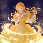  1girl alternate_costume bangle bare_shoulders birthday black_background bracelet character_name closed_mouth dress english_commentary eyelashes feet_out_of_frame frilled_dress frills gold_bangle happy_birthday highres jewelry light_particles long_dress long_hair looking_to_the_side nami_(one_piece) off-shoulder_dress off_shoulder one_piece orange_eyes orange_hair orangewindsmile pearl_bracelet pink_lips shoulder_tattoo solo sparkle tattoo wavy_hair yellow_dress 