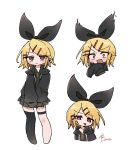  1girl :p artist_name black_ribbon black_skirt black_sweater black_thighhighs blonde_hair blush closed_mouth cocked_eyebrow commentary_request deformed drawstring hair_ornament hair_ribbon hairclip hand_to_own_mouth head_tilt highres hood hooded_sweater kagamine_rin long_sleeves looking_at_viewer miniskirt multiple_views open_mouth parallel_hairclips parted_bangs pleated_skirt ra_31 red_eyes ribbon sidelocks simple_background single_thighhigh skirt sleeves_past_fingers sleeves_past_wrists surprised sweat sweater thigh_strap thighhighs tongue tongue_out treble_clef v-shaped_eyebrows v_arms vocaloid white_background wide-eyed 