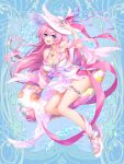  1girl armpits blue_eyes blue_gem bow bracelet breasts cleavage commission criss-cross_straps dairoku_ryouhei diamond_(shape) dot_nose eyebrows_hidden_by_hair floating_hair full_body gem hair_between_eyes hand_on_own_hat hand_up hat highres jewelry large_breasts long_hair long_ribbon messiah_elneige necklace one-piece_swimsuit open_mouth pearl_anklet pearl_bracelet pearl_necklace pink_hair pink_ribbon platform_sandals ribbon sandals sitting smile solo sun_hat swim_ring swimsuit touka_yuzuki white_one-piece_swimsuit 