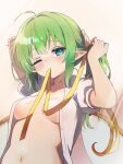  1girl blush breasts breasts_apart chikuzen1996 commentary_request daiyousei fairy fairy_wings green_eyes green_hair highres long_hair looking_at_viewer medium_breasts mouth_hold navel no_bra open_clothes open_shirt pointy_ears puffy_short_sleeves puffy_sleeves ribbon ribbon_in_mouth shirt short_sleeves solo stomach touhou tying_hair upper_body white_shirt wings yellow_ribbon 