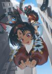  1girl :d absurdres animal_ear_fluff animal_ears black_hair blue_sky building cat_ears cat_girl cat_tail commentary_request dark-skinned_female dark_skin detached_sleeves facial_mark forehead_mark forehead_tattoo from_below hairband highres looking_at_viewer mechanical_tail multiple_tails nekomiya_mana open_mouth red_eyes red_hairband red_sleeves sky smile solo tail tanjwi tattoo triangle triangle_facial_mark two_tails zenless_zone_zero 