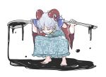  1girl barefoot blue_bow blue_shirt blue_skirt bow chinese_clothes detached_sleeves earrings goat_horns grey_hair grin highres holding holding_spoon hoop_earrings horn_bow horn_ornament horns jewelry long_hair meandros motor_oil oversized_object peroponesosu. pointy_ears red_eyes red_sleeves shaded_face sharp_teeth shirt skirt smile solo spoon squatting teeth touhou toutetsu_yuuma 