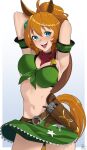  1girl animal_ears armband armpits arms_behind_back arms_up bandana bandeau bare_shoulders blue_eyes blush breasts brown_gloves brown_hair colt_single_action_army cowboy_hat darkpulsegg gloves green_armband green_bandeau green_skirt gun hair_ornament hat hat_on_back highres holstered horse_ears horse_girl horse_tail large_breasts long_hair looking_at_viewer midriff navel open_mouth ponytail red_bandana revolver sheriff_badge skirt smile solo star_(symbol) star_hair_ornament stomach taiki_shuttle_(umamusume) taiki_shuttle_(wild_frontier)_(umamusume) tail teeth umamusume upper_teeth_only weapon 