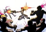  1girl 6+boys armor blood breasts brown_hair clenched_teeth collarbone colored_blood commentary cyborg dawn_collins dual_wielding english_commentary firing from_behind from_side full_armor full_body gloves grey_gloves grey_pants grey_shirt gun handgun headshot helmet holding holding_gun holding_weapon long_hair looking_at_another multiple_boys nose open_mouth pants ponytail projectile_trail purple_blood roman4980 selaco shirt short_sleeves small_breasts solo_focus square_neckline teeth thigh_armor upper_body vambraces weapon white_background 