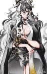  absurdres arknights black_hair black_jacket black_skirt black_undershirt breasts dragon_girl genderswap genderswap_(mtf) heterochromia highres huge_breasts jacket long_hair madana_gege multicolored_hair shirt skirt underwear wang_(arknights) white_shirt 