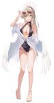  1girl absurdres ameno_sagiri_(artist) angel_wings aviator_sunglasses black_one-piece_swimsuit blue_archive brown-tinted_eyewear commentary_request feathered_wings full_body halo highres legs low_wings nagisa_(blue_archive) nagisa_(swimsuit)_(blue_archive) official_alternate_hairstyle one-piece_swimsuit open_mouth sandals simple_background smile solo sunglasses swimsuit tinted_eyewear toes white_background white_wings wings 