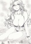  1girl bikini bikini_pull blush breasts cleavage clothes_pull front-tie_bikini front-tie_top graphite_(medium) hornet_(kancolle) kantai_collection legs long_hair looking_at_viewer mikuro monochrome side-tie_bikini solo swimsuit traditional_media 