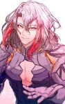  1boy fate/grand_order fate_(series) highres looking_at_viewer male_focus multicolored_hair no_headwear no_helmet odysseus_(fate) red_hair simple_background smile solo user_gdss4757 white_background white_hair yellow_eyes 