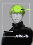  1boy a3! bangs border chikuwa_(dr0603) closed_mouth glasses glitch green_hair half-closed_eyes highres looking_afar male_focus monochrome round_eyewear short_hair smile smirk solo spot_color swept_bangs turtleneck twitter_username upper_body utsuki_chikage 