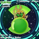  ball ball_weevil_(ben_10) beetle ben_10 ben_10:_omniverse black_sclera bug character_name closed_mouth colored_sclera east-west_crossover english_text fusion green_eyes highres instagram_logo instagram_username jakeymon._.trainer no_humans outline poke_ball_symbol pokemon pokemon_(creature) pokemon_focus rellor solo white_outline 