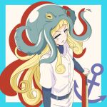  1girl anchor_symbol animal_on_head aqua_border baseball_bat baseball_uniform belt blonde_hair blue_belt blue_shirt blush border clenched_teeth commentary_request cowboy_shot curly_hair drilljapan freckles from_above jikkyou_powerful_pro_yakyuu long_hair looking_at_viewer octavia_(pawapro) octopus on_head outside_border pants power_pro_appli sanpaku shirt shirt_under_shirt solo sportswear teeth white_pants white_shirt yellow_eyes 