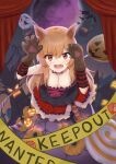  1girl animal_ears animal_hands arknights bare_arms bare_shoulders bat_(animal) black_dress blush bow breasts brown_hair candy caution_tape ceobe_(arknights) claw_pose cleavage commentary curtains dog_ears dress fang food full_moon ghost gloves halloween halloween_bucket halloween_costume jack-o'-lantern keep_out komugirakko large_breasts lollipop long_hair looking_at_viewer moon night open_mouth paw_gloves paw_pose pumpkin red_eyes sky solo star_(sky) starry_sky strapless strapless_dress striped_clothes striped_thighhighs swirl_lollipop thighhighs 