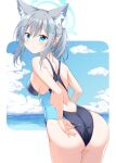  1girl adjusting_clothes adjusting_swimsuit animal_ear_fluff animal_ears ass bangs black_swimsuit blue_archive blue_eyes blue_sky breasts cloud commentary_request competition_swimsuit cross_hair_ornament extra_ears from_behind grey_hair hair_ornament halo highres horizon looking_at_viewer looking_back low_ponytail medium_breasts medium_hair mismatched_pupils mizuki_(kogetsu-tei) multicolored_clothes multicolored_swimsuit ocean one-piece_swimsuit shiroko_(blue_archive) shiroko_(swimsuit)_(blue_archive) sky solo swimsuit 