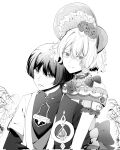  1boy 1girl anemo_symbol_(genshin_impact) armor beads behind_another blunt_ends bonnet bow bridal_gauntlets closed_mouth collar couple covered_collarbone crossed_bangs detached_collar dress flower frilled_collar frilled_headwear frilled_sleeves frills gem genshin_impact hair_flower hair_ornament hetero highres japanese_armor japanese_clothes juban kimono kote layered_sleeves leaf mandarin_collar oc_x_canon open_clothes open_kimono original pandora_hearts parody pippicetta redrawn ringed_eyes ringlets rope rose rosetta_(pippicetta) scaramouche_(genshin_impact) short_hair short_sleeves side_cape smile style_parody tongue tongue_out tsurime vanitas_no_carte vision_(genshin_impact) wanderer_(genshin_impact) wavy_hair wispy_bangs 