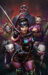  1girl 5boys belt black_dress black_gloves black_hair black_lips blue_streaks blush_stickers boots breasts brown_overalls clown_mask comic_cover commentary cover cover_page dc_comics derrick_chew dress english_commentary gloves green_eyes henchmen highres holding holding_knife holding_sword holding_weapon jacket knife large_breasts long_hair looking_at_viewer mask multicolored_hair multiple_boys night outdoors overalls pantyhose poncho ponytail punchline_(dc) purple_pantyhose purple_shirt rain_poncho shirt short_dress signature sleeveless sleeveless_dress squatting streaked_hair sword textless_version thigh_boots torn_clothes torn_pantyhose weapon 