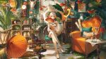  1girl absurdly_detailed_composition animal_skull asymmetrical_legwear birdcage book bookshelf braid cage chair china_dress chinese_clothes cleavage_cutout clock clothing_cutout commentary couch crossed_legs cushion detached_sleeves dress earrings eikkop fins fish fish_girl fish_tail flower flying_fish folding_fan globe goldfish grandfather_clock hand_fan highres holding holding_fan indie_virtual_youtuber indoors jewelry lamp lantern light_smile looking_at_viewer multicolored_hair oil-paper_umbrella orange_hair overgrown painting_(object) phonograph plant potted_plant see-through_clothes see-through_sleeves shelf shoes single_thighhigh sitting solo streaked_hair table tail tassel thighhighs tsukiiro umbrella untranslatable_commentary vase virtual_youtuber white_dress white_hair white_rug white_shoes wooden_floor 