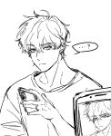  ... 1boy ? absurdres black_eyes black_hair choi_jongsu choixki_236 close-up commentary_request confused frown garbage_time highres holding holding_phone jewelry korean_commentary lineart lower_eyelashes_only messy_hair monochrome phone portrait ring simple_background sketch speech_bubble taking_picture wedding_ring white_background 