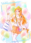  1girl alternate_costume bag balloon bangle bare_shoulders bow bracelet braid brown_eyes character_name crop_top earrings english_commentary feet_out_of_frame gold_bangle green_bow hair_bow hair_ornament highres jewelry long_hair midriff nami_(one_piece) off-shoulder_shirt off_shoulder one_eye_closed one_piece orange_hair orange_skirt orangewindsmile parted_lips pearl_bracelet pink_ribbon ribbon shirt shopping_bag shoulder_bag shoulder_tattoo single_sidelock skirt solo tattoo thighhighs wavy_hair white_thighhighs zettai_ryouiki 