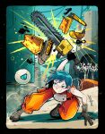  1girl absurdres aqua_eyes aqua_hair black_border black_gloves border building chainsaw chainsword commentary dust english_commentary fingerless_gloves full_body gloves goggles goggles_around_neck hand_on_ground head-mounted_display hernyed highres holding holding_chainsaw holding_sword holding_weapon jumpsuit motorslice multiple_moles orange_jumpsuit orbie outdoors p_(motorslice) short_hair skyscraper slashing sleeveless_jumpsuit sword turtleneck_jumpsuit weapon 