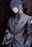  1boy alternate_costume blue_hair buttons final_fantasy final_fantasy_xv formal hair_between_eyes hands_in_pockets jacket kouen_(10chio) looking_at_viewer male_focus necktie noctis_lucis_caelum pinstripe_jacket pinstripe_pattern pinstripe_shirt pinstripe_suit shirt short_hair simple_background solo striped suit upper_body 