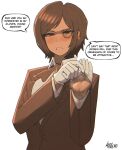  1girl ascot blush brown_ascot brown_eyes brown_hair butler commentary dark-skinned_female dark_skin earrings english_text female_butler glove_pull gloves highres jewelry leoderorero limbus_company long_sleeves looking_at_viewer monocle open_mouth outis_(project_moon) project_moon short_hair simple_background solo speech_bubble steaming_body untranslatable_commentary white_background white_gloves wuthering_heights_(identity)_(project_moon) 