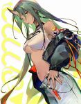  1girl arknights bare_shoulders black_choker black_jacket blush breasts casual choker closed_eyes cowboy_shot crop_top dutch_angle earrings green_hair grey_pants hand_on_hip highres horns hoshiguma_(arknights) jacket jewelry large_breasts long_hair long_sleeves looking_at_viewer luuuo_(luuuo0102) navel navel_piercing open_clothes open_jacket pants piercing single_horn skin-covered_horns solo stomach underboob very_long_hair white_background yellow_eyes 