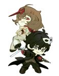 2boys aiming akechi_goro amamiya_ren black_coat black_pants black_shoes brown_hair chibi chibi_only clenched_teeth coat commentary crow_(persona_5) dot_nose english_commentary epaulettes full_body grey_eyes gun hair_between_eyes handgun highres holding holding_gun holding_knife holding_weapon jacket joker_(persona_5) knife male_focus mask mask_on_head medium_hair multiple_boys pants parted_lips persona persona_5 rccg56 red_eyes shoes short_hair simple_background suit_jacket teeth v-shaped_eyebrows weapon white_background white_jacket white_pants 