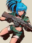  1girl black_gloves blue_hair collared_jacket earrings gloves green_jacket green_shorts gun handgun highres holding holding_gun holding_weapon jacket jewelry leona_heidern military_uniform navel pechamaju ponytail red_eyes rifle shorts suspenders the_king_of_fighters triangle_earrings weapon 