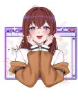  1girl arm_belt belt black_belt blue_eyes blush bright_pupils brown_hair brown_jacket collared_shirt commentary crossed_bangs digital_dissolve english_commentary hair_between_eyes hands_on_own_cheeks hands_on_own_face heart highres jacket long_hair looking_at_viewer makise_kurisu off_shoulder open_mouth pixel_heart science_adventure shirt smile solo steins;gate straight-on twitter_username white_background white_pupils white_shirt window_(computing) yukiooromi 