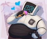 2026 ace_(corey_beepington) clothed clothing corey_beepington dessert digital_drawing_(artwork) digital_media_(artwork) eating eating_food electronics eyes_closed floating_heart food for_a_head heart_symbol hi_res holding_food holding_object ice_cream machine male not_furry object_head overweight overweight_male robot screen screen_face screen_head smile solo standing television tongue tongue_out topless tv_head tv_head_robot vhs_slot