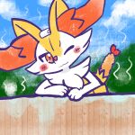 1:1 2025 ambiguous_anthro ambiguous_gender annyui0611 anthro biped blush blush_stickers braixen canid digital_drawing_(artwork) digital_media_(artwork) fence food front_view generation_6_pokemon hi_res hot_spring looking_at_viewer mammal mouth_closed nintendo object_in_tail one_eye_closed onsen pokemon pokemon_(species) shrimp_(food) snout solo steam tail towel towel_on_head water wink winking_at_viewer
