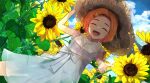  1girl ^_^ ^o^ absurdres blush closed_eyes dress dutch_angle flower hand_on_headwear hat highres idolmaster idolmaster_cinderella_girls orange_hair outdoors reaching_out ryuzaki_kaoru smile solo straw_hat sunflower tonerico_swt white_dress 